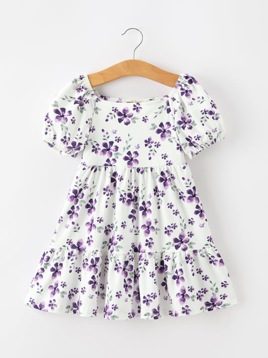 Fall Lavender Floral Puff Sleeve Girls Dress