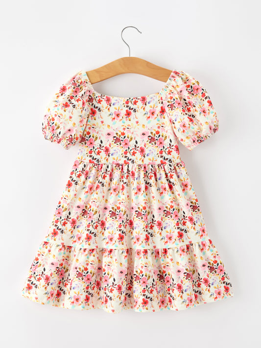 Fall Vintage Floral Puff Sleeve Girls Dress