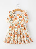 Load image into Gallery viewer, Fall Pumpkin Floral Girls Ruffle Hem Dress
