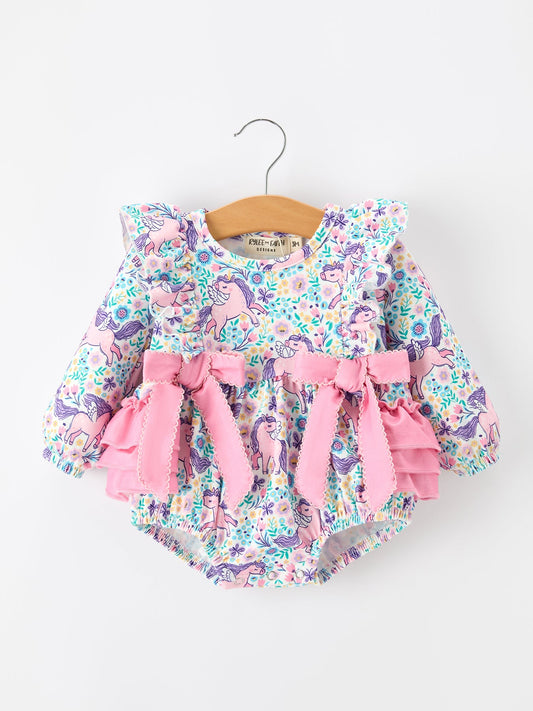 Unicorn Floral Print Girls Long Sleeve Romper