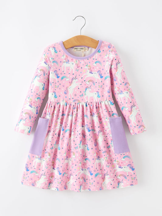 Pink Unicorn Girls Pocket Dress Rainbow Star Print