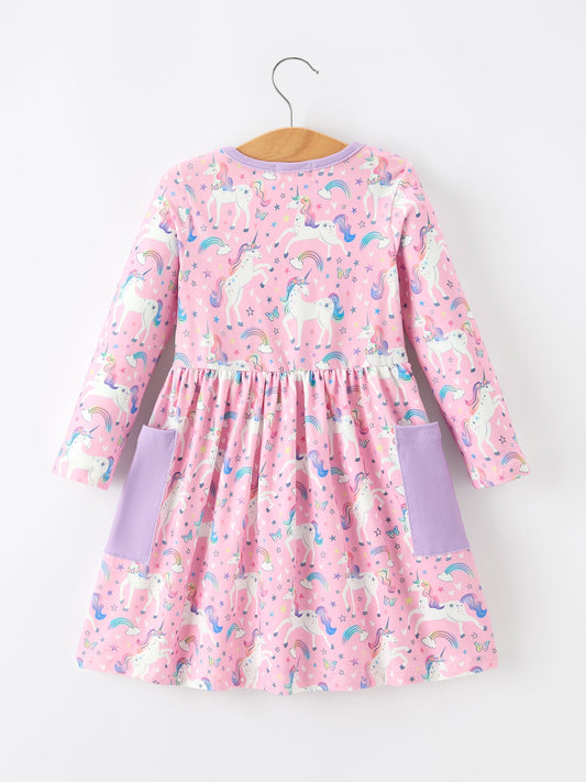 Pink Unicorn Girls Pocket Dress Rainbow Star Print