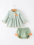 Load image into Gallery viewer, Fall Plaid Baby Girl Outfit Set Pumpkin Applique Ruffle Top Bloomer
