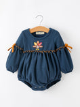 Load image into Gallery viewer, Thanksgiving Fall Turkey Applique Navy Baby Girls Romper
