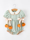 Load image into Gallery viewer, Fall Plaid Baby Girl Romper Pumpkin Bow Peter Pan Collar
