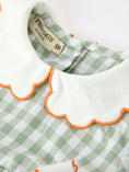 Load image into Gallery viewer, Fall Plaid Baby Girl Romper Pumpkin Bow Peter Pan Collar
