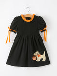 Load image into Gallery viewer, Girls Halloween Dog Pumpkin Applique Dress Puff Sleeve
