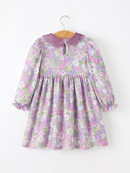 Purple Floral Girls Dress Velvet Collar Bow Long Sleeve Dress