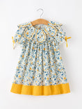 Load image into Gallery viewer, Floral Girls Dress Peter Pan Collar Yellow Trim Puff Sleeve Dress
