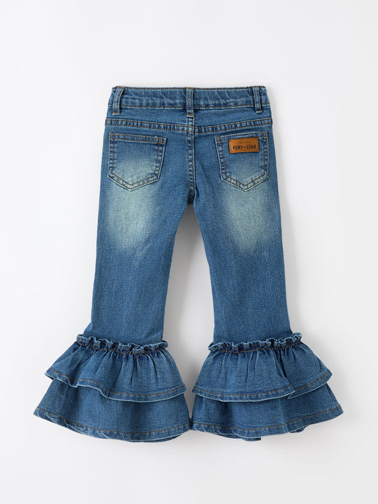 Girls Denim Leggings Ruffle Bell Bottom Pants