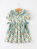 Load image into Gallery viewer, Green Floral Girls Dress Petal Collar Bow Waist Puff Sleeve Dress
