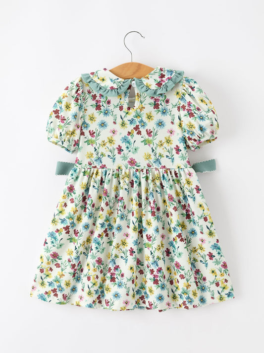 Green Floral Girls Dress Petal Collar Bow Waist Puff Sleeve Dress