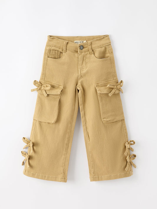 Girls Solid Cargo Leggings Side Bow Pocket Wide Leg Pants