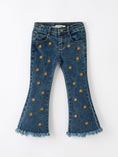 Load image into Gallery viewer, Girls Pumpkin Embroidered Flare Jeans Fall Denim Pants with Fringe Hem
