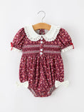 Load image into Gallery viewer, Burgundy Floral Smocked Baby Girl Bubble Romper Peter Pan Collar
