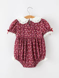 Load image into Gallery viewer, Burgundy Floral Smocked Baby Girl Bubble Romper Peter Pan Collar
