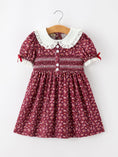 Load image into Gallery viewer, Burgundy Floral Smocked Girls Dress Peter Pan Collar Lace Trim
