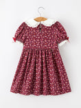Load image into Gallery viewer, Burgundy Floral Smocked Girls Dress Peter Pan Collar Lace Trim
