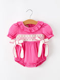 Load image into Gallery viewer, Fall Baby Girl Hot Pink Ruffle Smocked Embroidery Romper
