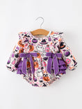 Load image into Gallery viewer, Halloween Pumpkin Ghost Baby Girl Bubble Romper Ruffle Bow Detail
