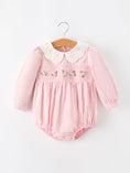 Load image into Gallery viewer, Fall Pink Smocked Baby Girl Bubble Romper Peter Pan Collar Floral Detail
