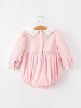 Load image into Gallery viewer, Fall Pink Smocked Baby Girl Bubble Romper Peter Pan Collar Floral Detail
