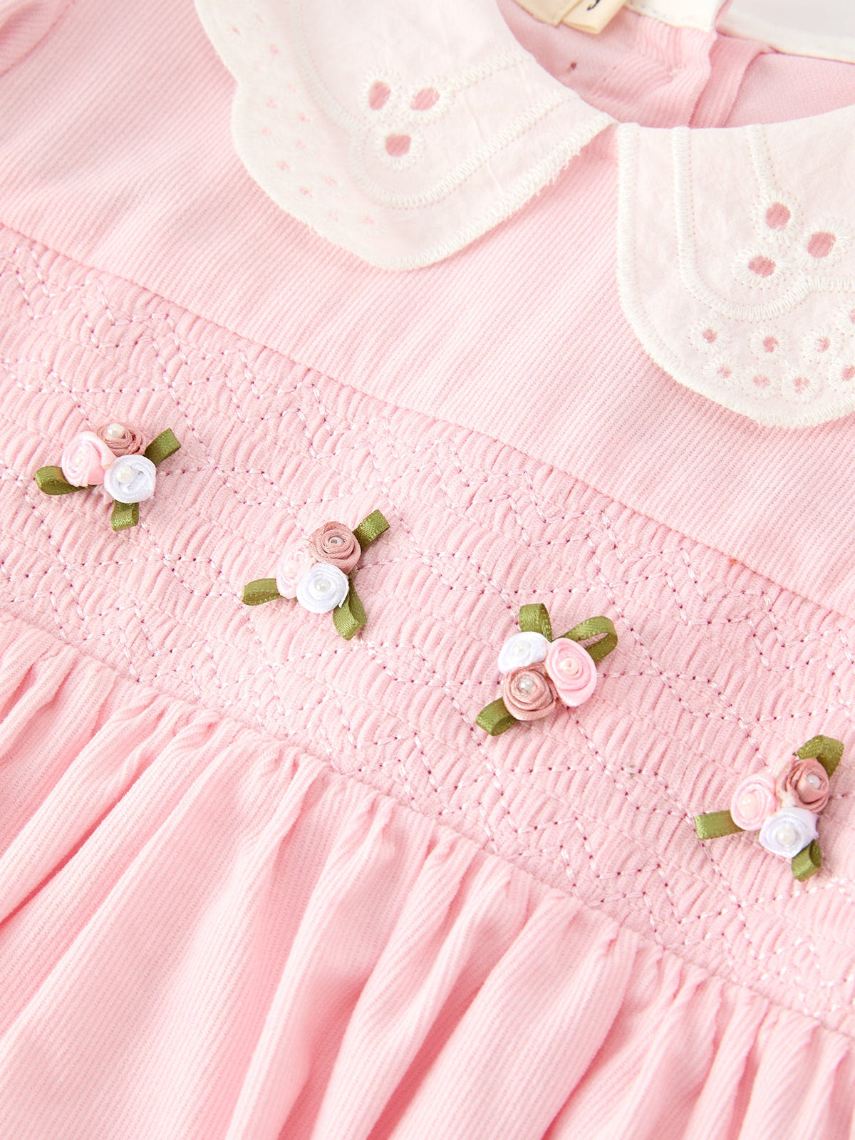 Fall Pink Smocked Girls Dress Peter Pan Collar Long Sleeve Floral Detail