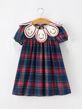 Load image into Gallery viewer, Navy Red Christmas Plaid Wreath Embroidered Girl Dress
