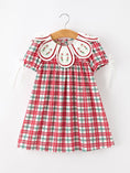 Load image into Gallery viewer, Red Christmas Plaid Wreath Embroidered Girl Dress
