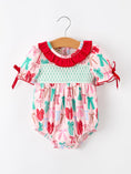 Load image into Gallery viewer, Baby Girl Christmas Smocked Bubble Romper Bow Print

