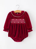 Load image into Gallery viewer, Christmas Velvet Smocked Baby Bubble Romper with Pearl Detail

