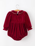 Load image into Gallery viewer, Christmas Velvet Smocked Baby Bubble Romper with Pearl Detail

