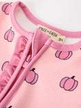 Load image into Gallery viewer, Fall Thanksgiving Pink Pumpkin Ruffle Zip Sleeper Waffle Jumpsuit
