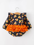 Load image into Gallery viewer, Halloween Candy Corn Baby Girl Bubble Romper Ruffle
