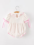 Load image into Gallery viewer, Christmas Smocked Baby Girl Bubble Romper Embroidered Ruffle Collar
