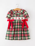Load image into Gallery viewer, Christmas Girls Plaid Smocked Ruffle Collar Bow Dress
