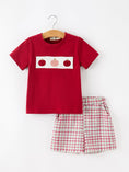Load image into Gallery viewer, Fall Pumpkin Boys Outfit Set Red Tee Plaid Shorts Set
