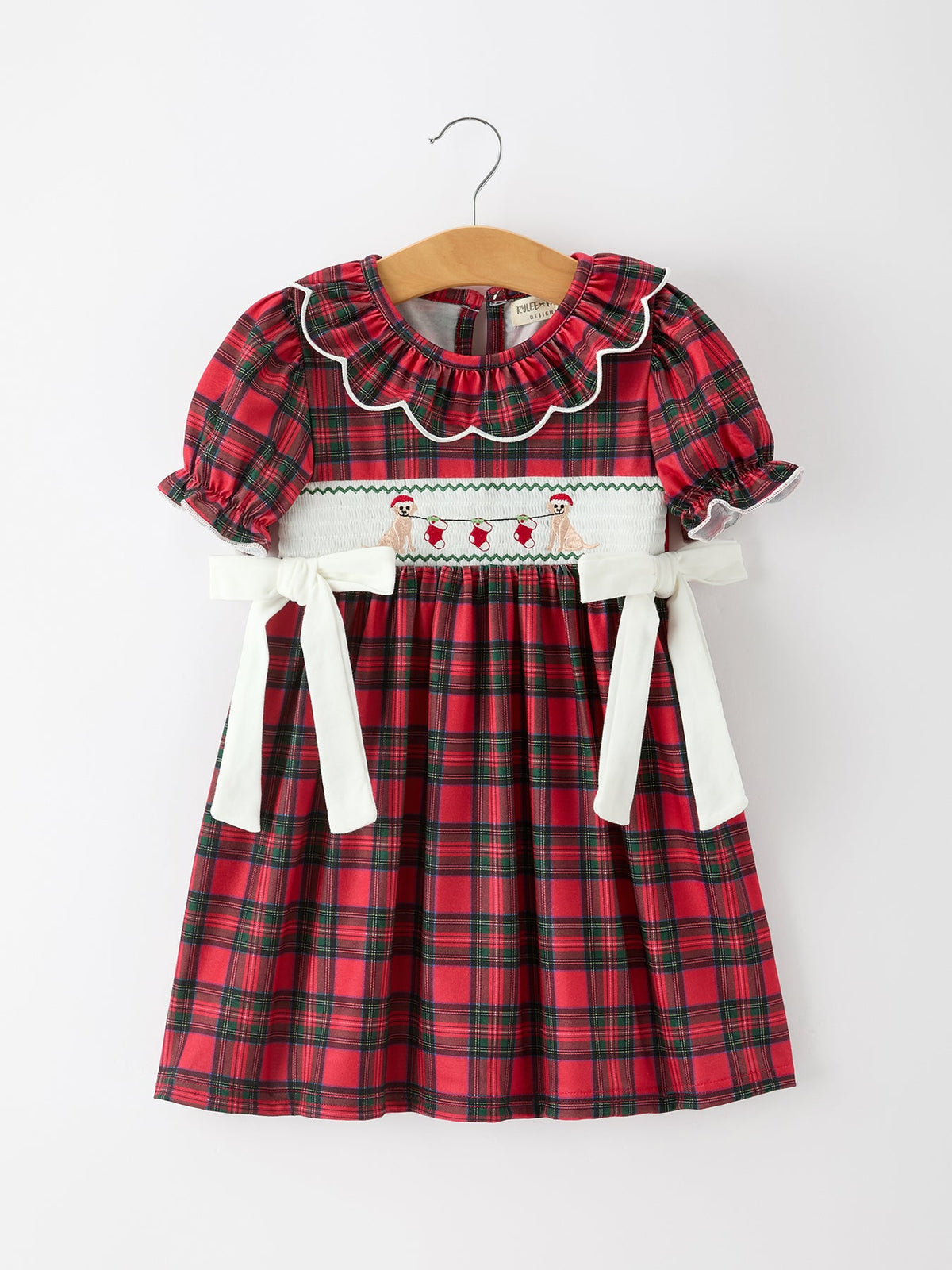 Christmas Girls Plaid Puppy Smocked Ruffle Collar Dress