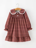 Load image into Gallery viewer, Girls Brown Plaid Lace-Trim Peter Pan Collar Dress
