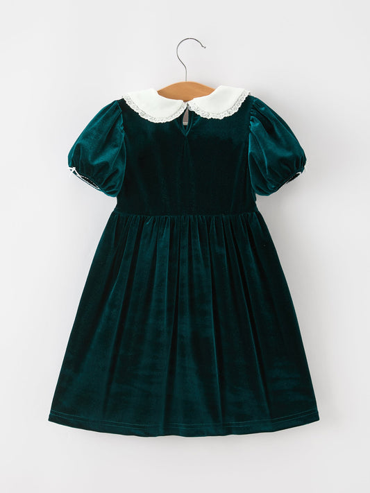 Girls Emerald Green Velvet Lace Collar Christmas Dress