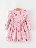 Load image into Gallery viewer, Christmas Tree Print Girls Pink Ruffle Long Sleeve Dress
