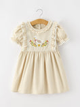 Load image into Gallery viewer, Girls Goose Embroidered Beige Plaid Ruffle Dress
