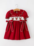 Load image into Gallery viewer, Girls Christmas Reindeer Smocked Red Bow Dress
