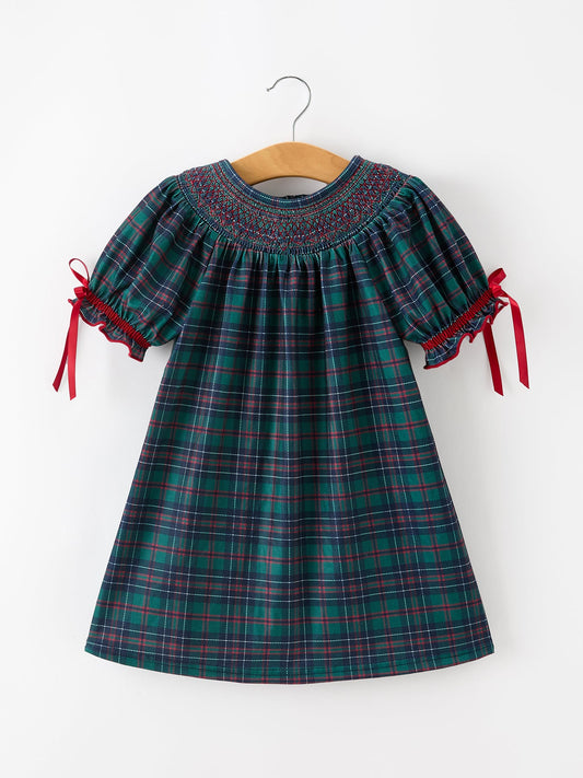 Christmas Girls Plaid Smocked Dress Puff Sleeves