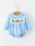 Load image into Gallery viewer, Christmas Nativity Embroidered Baby Boy Blue Smocked Romper

