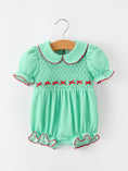 Load image into Gallery viewer, Christmas Girls Green Plaid Smocked Bow Bubble Romper
