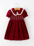Load image into Gallery viewer, Christmas Burgundy Velvet Girls Smocked Pearl Lace Collar Dress
