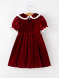 Load image into Gallery viewer, Christmas Burgundy Velvet Girls Smocked Pearl Lace Collar Dress
