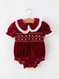 Load image into Gallery viewer, Christmas Burgundy Velvet Baby Girl Smocked Pearl Romper
