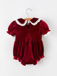 Load image into Gallery viewer, Christmas Burgundy Velvet Baby Girl Smocked Pearl Romper
